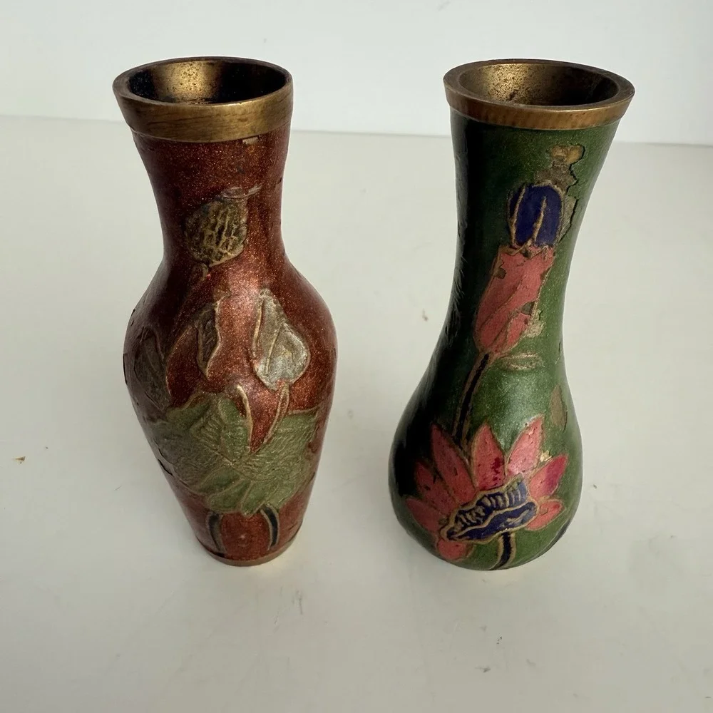 Pair of Vintage Brass Enamel Floral Vases Hand Painted Cloisonné Style 4